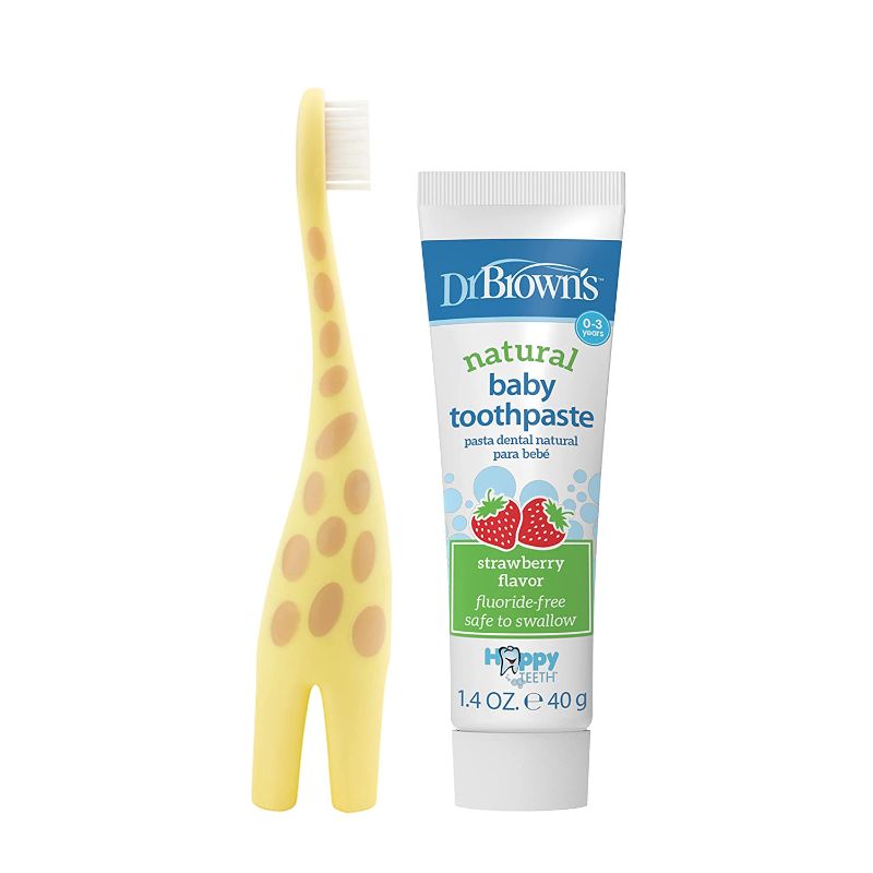 Photo 1 of Dr. Brown's Infant-to-Toddler Training Toothbrush Set with Strawberry Fluoride-Free Toothpaste 1.4 oz, Soft for Baby's First Teeth, Giraffe, BPA Free, 0-3 Years