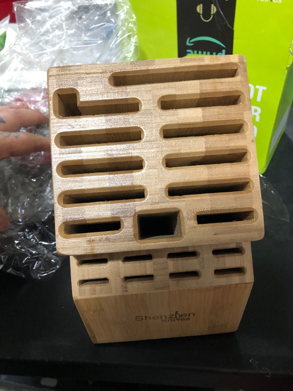 Photo 2 of 20 Slot Universal Knife Block: Shenzhen Knives Large Bamboo Wood Knife Block Without Knives - Countertop Butcher Block Knife Holder and Organizer