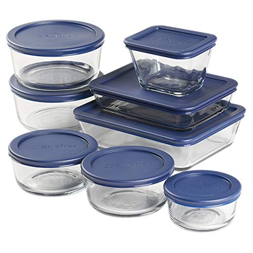 Photo 1 of Anchor Hocking 16 Piece Round and Rectangle Glass Food Storage Containers, Space Saving Meal Prep, Navy BPA-Free SnugFit Lids
