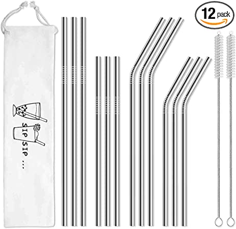 Photo 1 of 3-PACKS  Hiware 12-Pack Reusable Stainless Steel Metal Straws with Case - Long Drinking Straws for 30 oz and 20 oz Tumblers Yeti Dishwasher Safe - 2 Cleaning Brushes Included