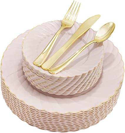 Photo 1 of YOUBET 125Pieces Pink Plastic Plates with Gold Rim-Gold Plastic Silverware-Include 25 Dinner Plates 25 Dessert Plates 25 Forks 25 Knives 25 Spoons-Perfect For Halloween,Thanksgiving,Christmas