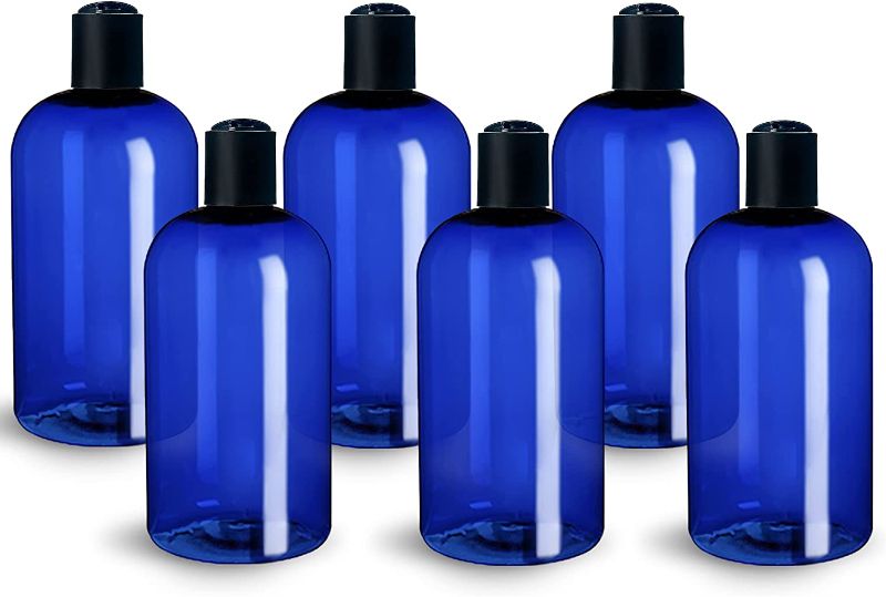 Photo 1 of 16 oz Cobalt Blue PET Plastic Refillable Bottles with Disc Top Caps, Pack of 6, BPA Free, Made in USA