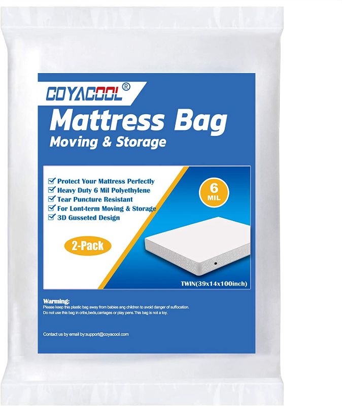 Photo 1 of [2 Pack] Twin Mattress Bags for Moving Storage - 6 Mil Heavy Duty -Tear and Puncture Resistant Plastic Mattress Protector Bag for Disposal - Super Thick Mattress Cover for Moving by Coyacool
