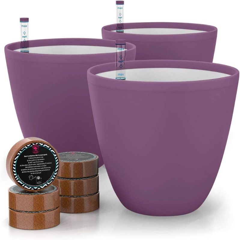 Photo 1 of 7'' Self Watering planters for Indoor Plants - Flower Pot with Water Level Indicator for Plants, Grow Tracking Tool - Self Watering Planter Plant Pot - Coco Coir - Purple 3 Pack
