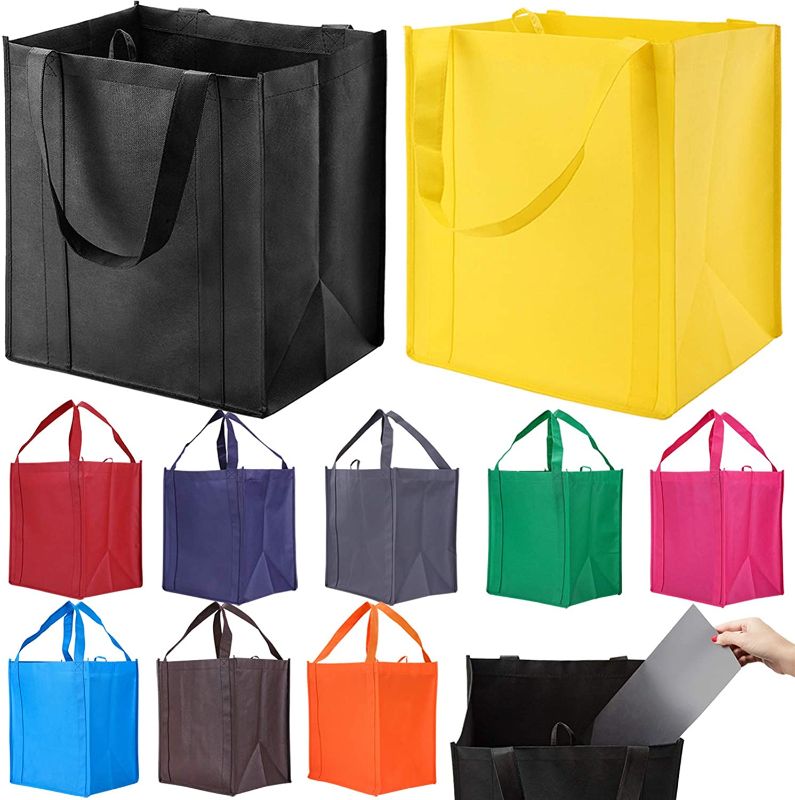 Photo 1 of 10 Pack Reusable Reinforced Handle Grocery Bags - Heavy Duty Large Shopping Totes with Thick Plastic Bottom can hold 40 lbs
