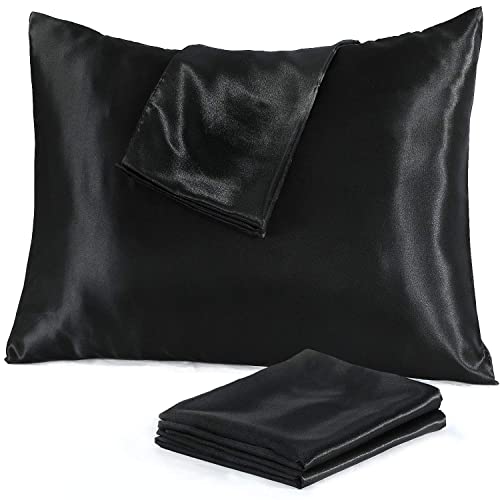 Photo 1 of Black Satin Standard Pillow Cases Protectors 4 Pack with Zip Luxury 20x26inches 100% Silk~y Satin Hair and Skin Care Zippered Pillow Covers Ultra-Soft
