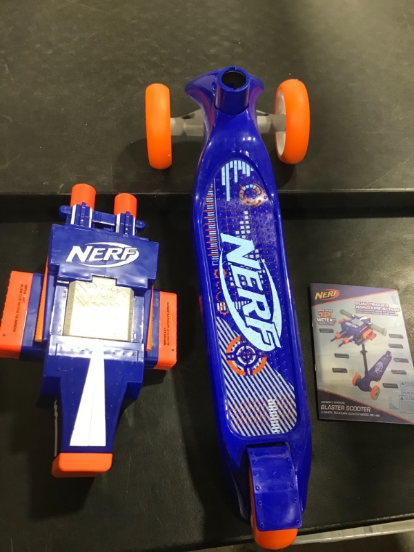 Photo 2 of NERF Kick Scooter for Kids, Dual Barrel Blaster Fires Up to 40 Feet, Supports Up to 150lbs, Rear Brake, Sturdy Steel Frame, Wide Surface Textured Molded Deck, Outdoor Activities for Boys/Girls / USED / UNKNOWN PARTS MISSING