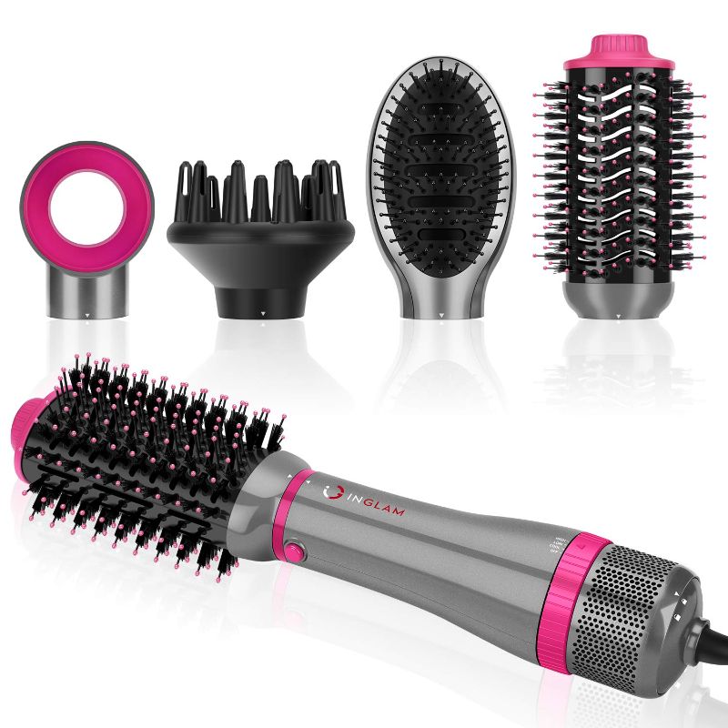 Photo 1 of Hair Dryer Brush Set, IG INGLAM 4 in 1 Blowout Brush, Negative Ion Detachable Hair Dryer & Styler Volumizer Hot Air Hair Dryer Brush with 2 Styling Brush Heads, Silver
