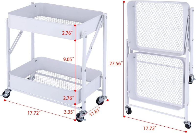 Photo 1 of 2-Tier Metal Folding Rolling Cart, Mobile Utility Cart Trolley Storage Organizer for Office Home Kitchen Organization, Sofa Side End Table with Wheels, Black
