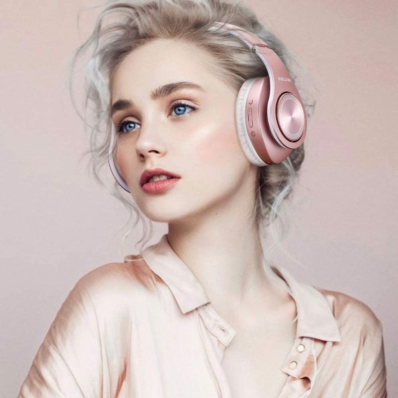 Photo 2 of Rose Gold Pollini Head Phones Bluetooth Headphones Wireless, pollini 40H Playtime Foldable Over Ear Headphones with Microphone, Deep Bass Stereo Headset with Soft Memory-Protein Earmuffs for iPhone/Android Cell Phone/PC(Rose Gold)
