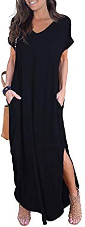 Photo 1 of GRECERELLE Women's Casual Loose Pocket Long Dress Short Sleeve Split Maxi Dresses
