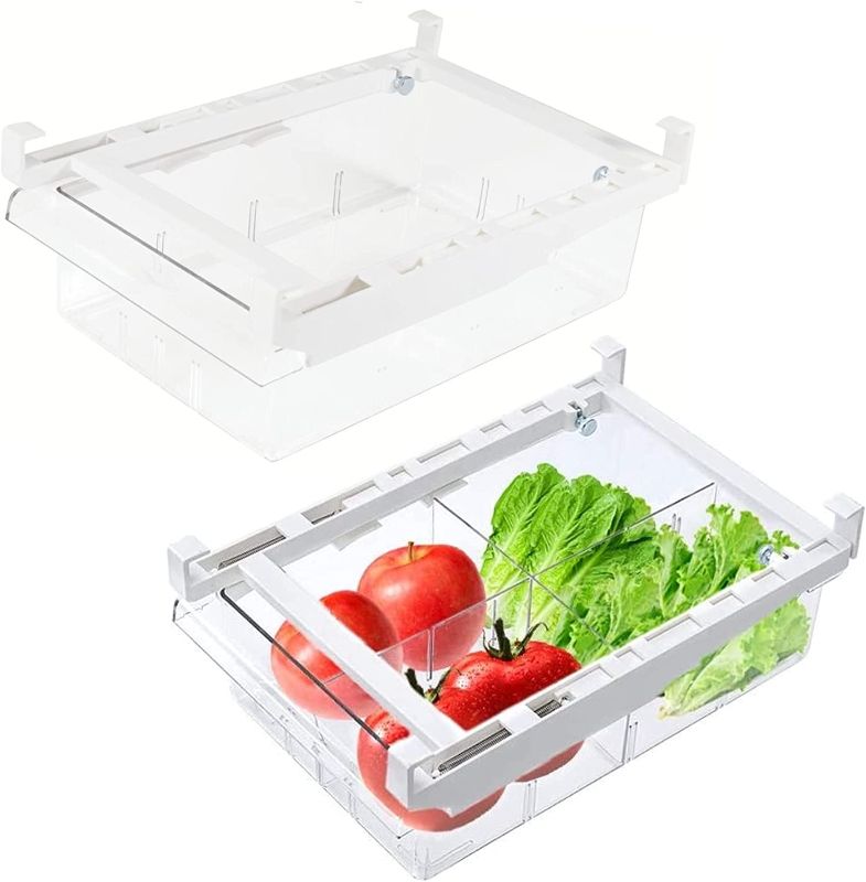 Photo 1 of YekouMax Fridge Drawer Organizer, Refrigerator Organizer Bins, Pull Out with Handle, Fridge Shelf Holder Storage Box, Clear Container for Food,Drinks,Fit for Fridge Shelf Under 0.6" (2 Pack Medium)
