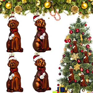 Photo 1 of  4 Pcs Labrador Retriever Christmas Ornament with Santa Hat, Glass Dog Ornaments for Christmas Tree Xmas Decorations Hanging Dog Christmas Tree Ornament for Christmas Holiday Party (Chocolate) 