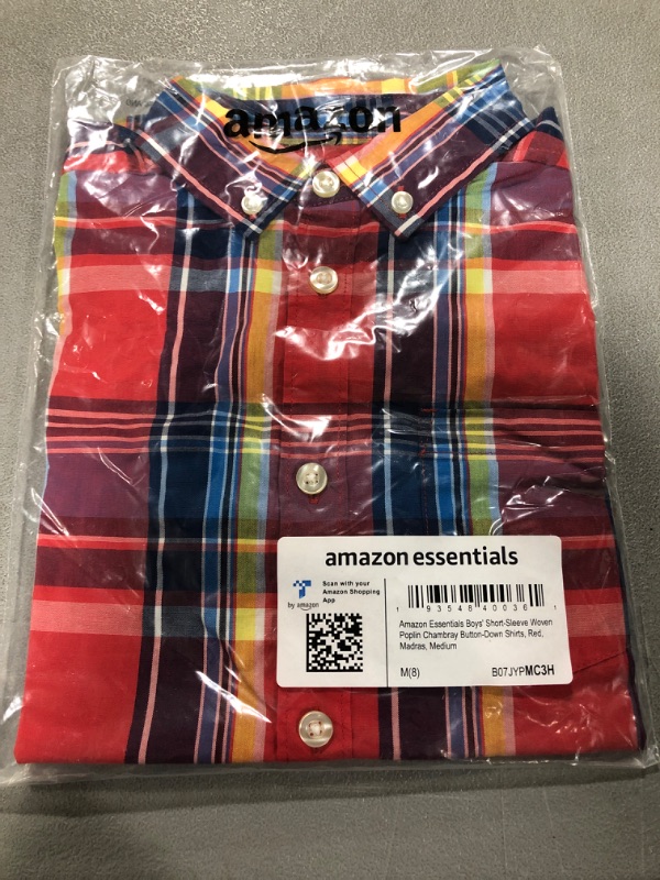 Photo 2 of Amazon Essentials Boys and Toddlers' Short-Sleeve Woven Poplin Chambray Button-Down Shirt Medium Red, Madras