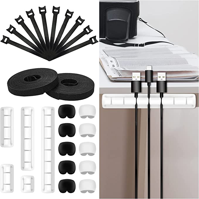 Photo 1 of  36PCS Cable Management Organizer Kit, 10 Self Adhesive Cable Clip, 10PCS +2 Rolls Cable Self Adhesive Ties, 10PCS Mini Cord Organizer, 1 Roll Double-Sided Tape for TV PC Computer Desk Office 