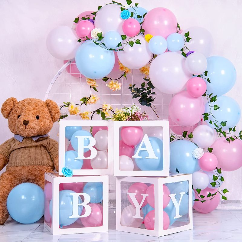 Photo 1 of Baby Shower Boxes Balloons Decorations - CUTEUP Baby Boxes with Letters for Boy Girl Baby Shower/ Gender Reveal/ Birthday Party, Baby Boxes Decorations with 60 Pcs Rainbow Balloons, 4 Pcs 