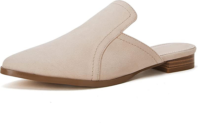 Photo 1 of [Size 8.5] PiePieBuy Womens Pointed Toe Mules Flats Backless Chunky Low Heels Loafers Slip On Sandals Shoes- Beige