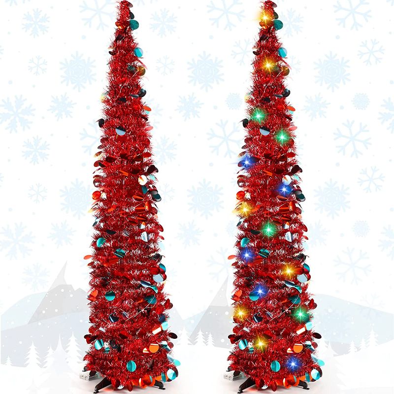 Photo 1 of 5 ft Pop Up Christmas Tinsel Tree with Reflective Colorful Sequins Artificial Xmas Slim Tree Collapsible Pencil  (Dark Red) 