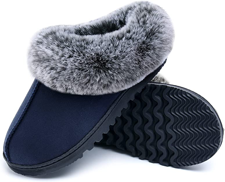 Photo 1 of [Size 7/8] Telifor Womens Warm Memory Foam House Slippers,  with Non-Slip Rubber Sole- Navy