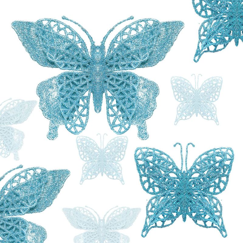 Photo 1 of 16 PCS Glitter Christmas Tree Butterfly Ornaments, 2 Styles Hollow Butterfly Christmas Decorations with Clips, Artificial Butterfly Ornaments Decoration for Christmas Tree, Holiday Crafts - Sky Blue