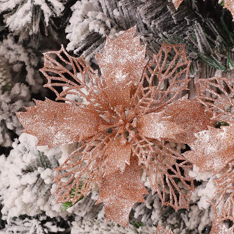 Photo 1 of 16 PCS Glitter Christmas Tree Flowers Ornaments, 2 Styles with Clips- Rose Gold
