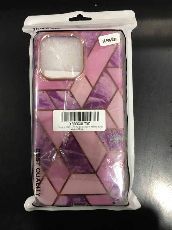 Photo 2 of iPhone 14 Pro Max Case with Screen Protector, 14 Pro Max Marble Shockproof Protective Shiny Case+Tempered Glass Screen Protector (Purple)