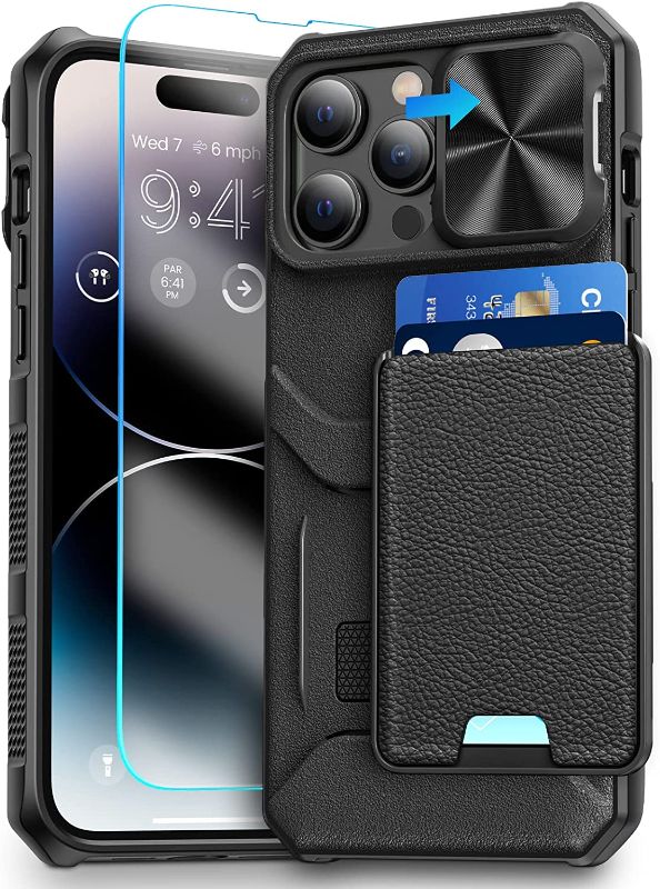 Photo 1 of iPhone 14 Pro Wallet Case with Card Holder & Screen Protector, Camera Cover Magnetic Leather Cover Works with Magnetic Car Mounts Protective Case -Black 