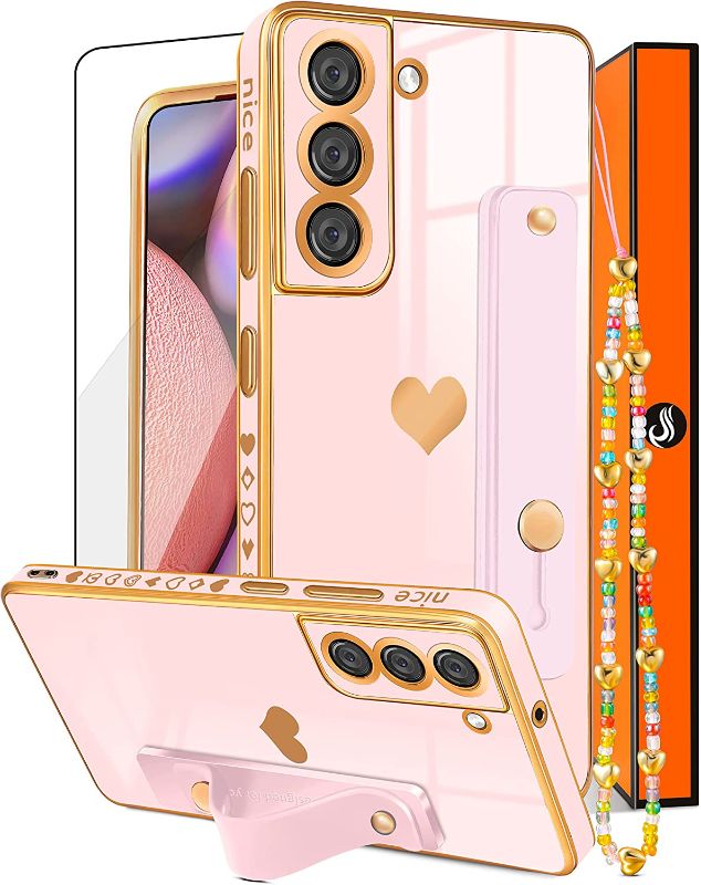 Photo 1 of  (3in1 for Samsung Galaxy S22 Plus Case Heart for Women Girls Girly Cute Luxury Pretty Aesthetic with Stand Phone Cases Pink and Gold Love Hearts Cover+Screen+Chain for Galaxy S22 Plus 6.6" 