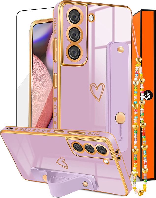 Photo 1 of  (3in1) for Samsung Galaxy S21 5G Case Heart Women Girls Girly Cute Pretty with Stand Luxury Phone Cases Purple Lavender Gold Plating Love Hearts Aesthetic Cover+Screen+Chain for S21 5G 6.2"