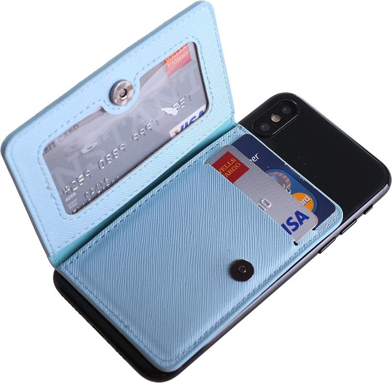 Photo 1 of CheapSunday ID Card Holder for Back of Phone Leather Phone Wallet Stick On with Stand Flip Waterproof Leather Adhesive Wallet for Most Cellphones (Mint Small) 