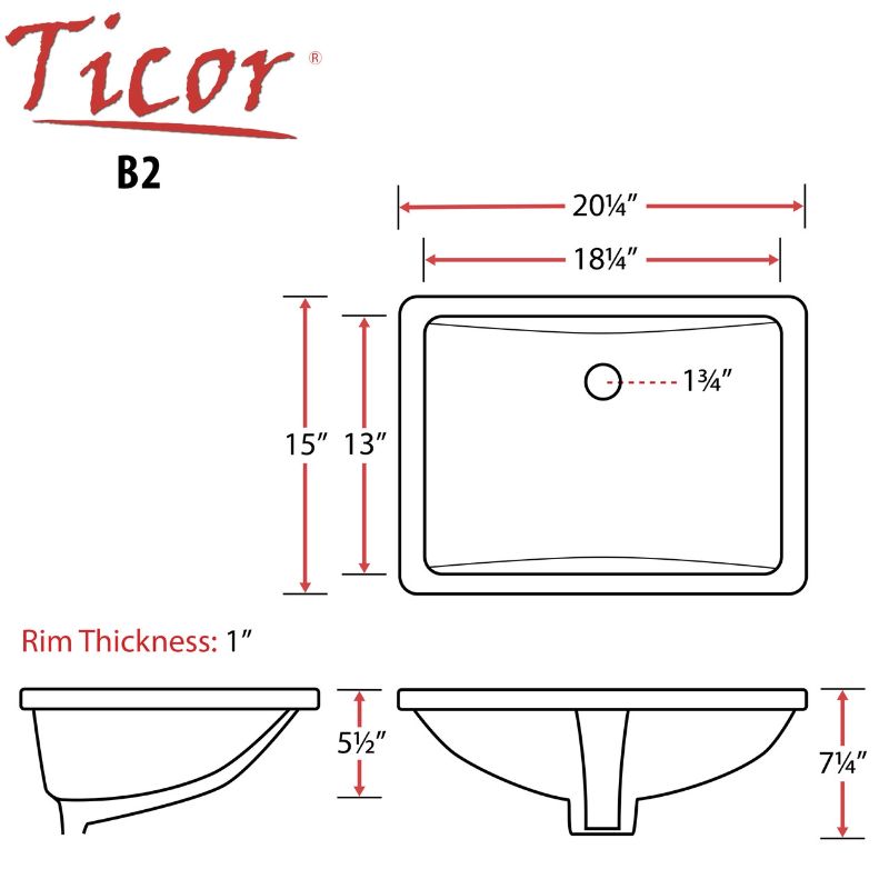 Photo 2 of 20.25" TICOR B2 BELFAST SERIES CERAMIC UNDERMOUNT RECTANGULAR VANITY SINK
