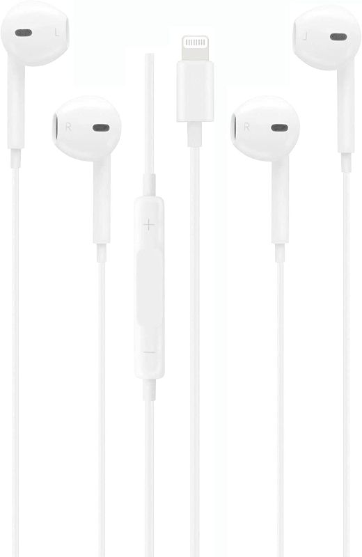 Photo 1 of 2 Pack Apple Earbuds [Apple MFi Certified] with Lightning Wired in Ear Headphone Plug(Built-in Microphone & Volume Control) Compatible with iPhone 12/SE/11/XR/XS/X/7/7 Plus/8/8Plus -White
