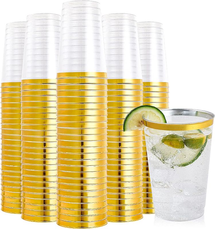 Photo 1 of 200 Pack 12 oz Gold Rimmed Plastic Cups, FOCUSLINE Clear Plastic Cups Tumblers, Heavy-duty & Fancy Disposable Hard Plastic Cups with Gold Rim for Wedding Cups Elegant Party Cups
