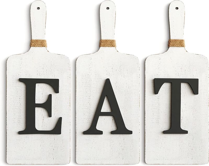 Photo 1 of Barnyard Designs Cutting Board Eat Sign, Rustic Hanging Wall Decor, Primitive Country Farmhouse Home and Kitchen Decor, White/Black, Set of 3 - 6" x 15" Boards
