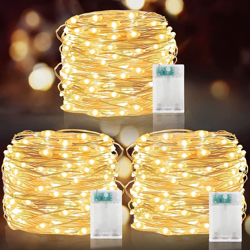 Photo 1 of [ 3 Pack & Timer ] Fairy Lights Battery Operated Total 150 LED/ 49.2 Ft Copper Wire String Lights Christmas Decoration Home Indoor Outdoor Bedroom Wedding Party Decor, 50 LED/16.4 Ft Each (Warm White)

