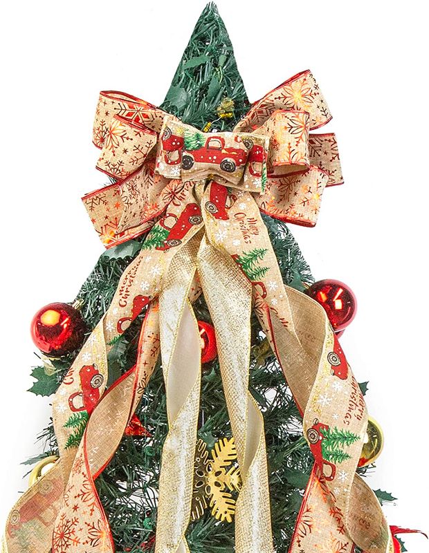 Photo 1 of MCPINKY Christmas Red Truck Tree Topper Bow, 51 X 10 Inches Christmas Topper Bow Snowflake Linen Gift Bow for Christmas Ornaments Xmas Decor
