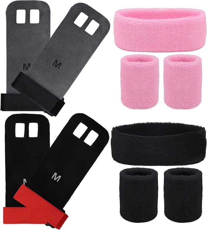 Photo 1 of 2 Pairs Gymnastics Grips Headband Wristband Set Gymnastics Hand Grips with Buckle Athletic Sweatband Terry Cloth Sweat Bands for Girls Kids Youth Sports Accessories, Pink and Black
