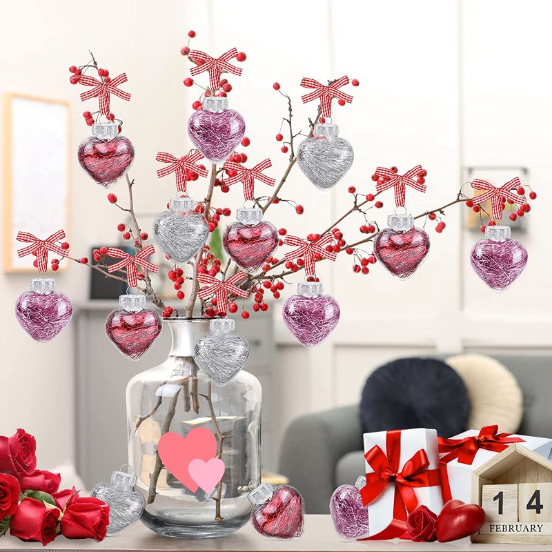 Photo 1 of 12Pcs Valentine's Day Heart Shaped Ornaments with Buffalo Plaid Ribbons -Red Pink Silver Clear Fillable Heart Shaped Baubles for Home Tree -Valentines Day Heart Decorations Christmas Hanging Ornaments
