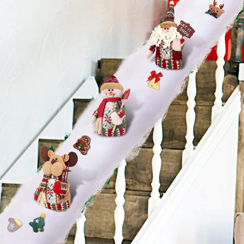 Photo 1 of 16 Pcs Christmas Holiday Snow Surfing Set Christmas Stairs Decorations Sliding Snowman Santa Elk with Artificial Snow Blanket, Hook Loop Tape for Xmas Home Stairs Indoor Decor
