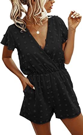 Photo 1 of Angashion Women’s Rompers-Summer Deep V Neck Wrap Floral Polka Dot Short Sleeve Beach Short Jumpsuit- size L