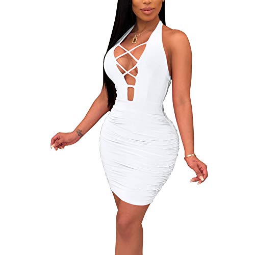 Photo 1 of Antopmen Women Summer V Neck Sleeveless Front Lace Up Backless Ruched Bodycon Mini Club Dress L 