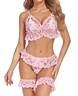 Photo 1 of Avidlove Lingerie Set for Women Sexy Bra and Panty Set Lace Ruffle Lingerie Outfits Pink L (B09LQQ57WM)
