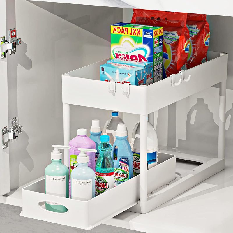 Photo 1 of Under Sliding Cabinet Basket Organizer, 2 Tier Storage Under Cabinet Bathroom Under Sink Organizers and Storage White Under Sink Storage for Bathroom Kitchen
