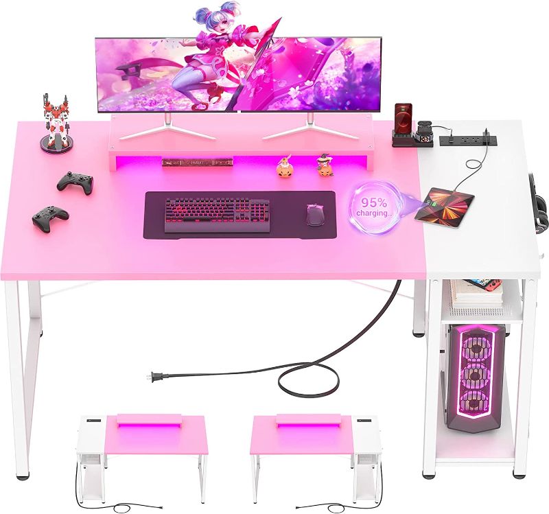 Photo 1 of armocity Computer Desk with LED Lights, Gaming Desk with Power Outlet and USB, 40 Reversible Laptop Table with Moveable Monitor Stand, White