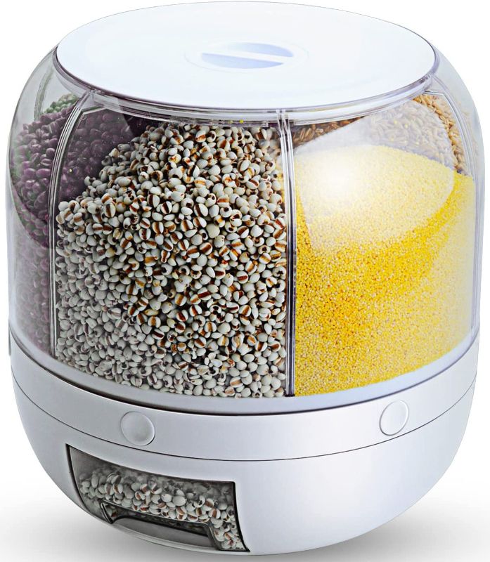 Photo 1 of WOWFUNNY Grain Dispenser, 8.2 Qt Rotating Rice Dispenser Storage Container, 6-Compartment Dry Food Dispenser