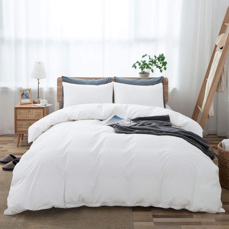 Photo 1 of 100% Washed Cotton Duvet Cover King Size, Linen-Like Textured White Fade-Resistant Bedding Set (No Comforter), 104x90 Inches KING
