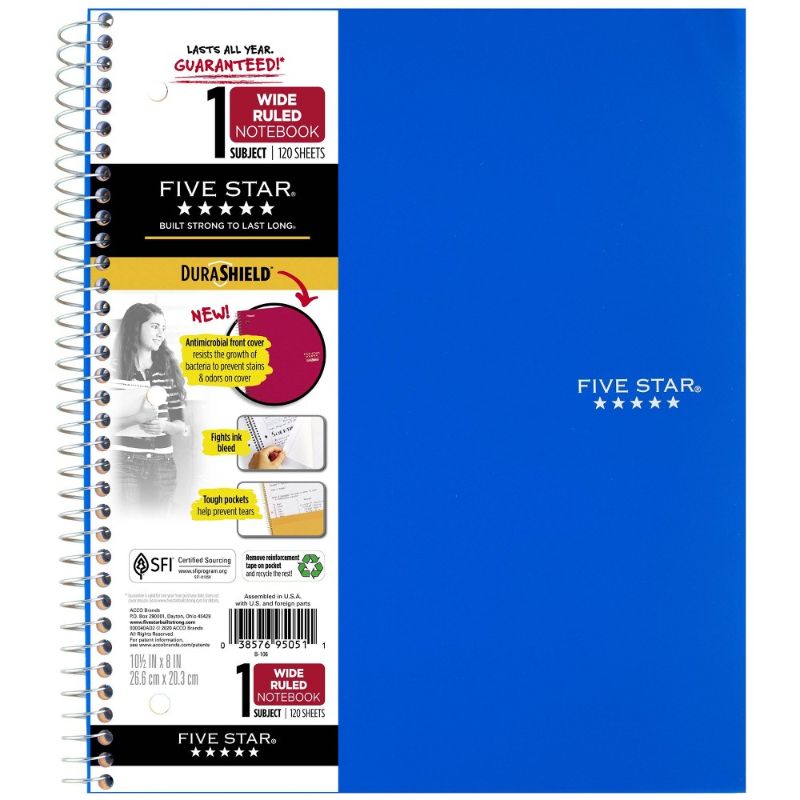 Photo 1 of Spiral Notebook 1 Subject Wide Ruled Anti-Microbial Cobalt Blue - Five Star
QTY 5