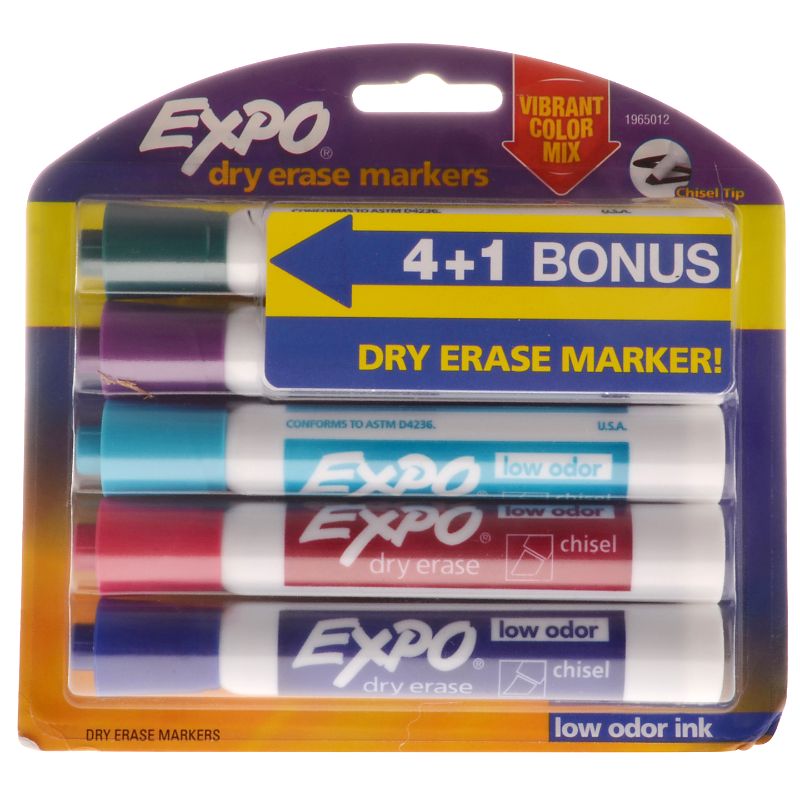 Photo 1 of EXPO Intense Colors Low Odor Chisel Tip Dry Erase Markers 4 Pack 1 Bonus
QTY 3