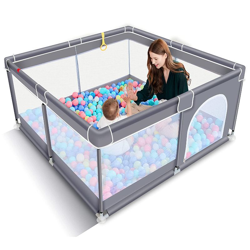 Photo 1 of Baby Playpen for Toddler, Large Baby Playard, Indoor & Outdoor Kids Activity Center with Anti-Slip Base, Sturdy Safety Play Yard with Soft Breathable Mesh, Playpen for Babies(Gray,50”×50”)