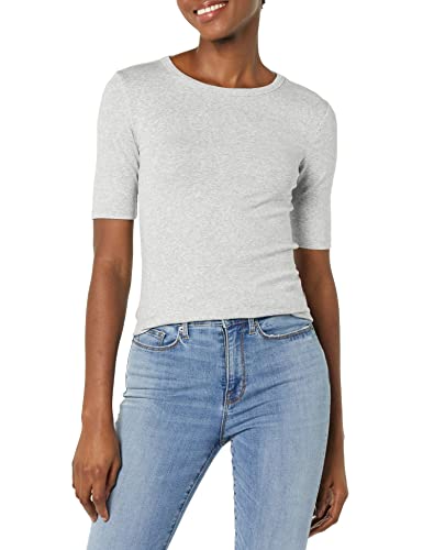 Photo 1 of Amazon Essentials Women's Ribbed Knit Half-Sleeve Crewneck Slim-Fit T-Shirt, Light Grey Heather, Medium
